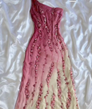 Pink fashion elegant one shoulder gradient beaded A-line long ball gown evening dress HZ1023