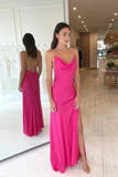Simple Hot Criss Cross Long Evening Dresses Silk Satin Prom Dresses With Slit HZ1023