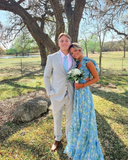 Blue elegant chiffon floral long prom dress evening gown garden party dress HZ1023