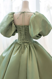 Green Satin Puff Sleeves Long Prom Dress, Green A-Line Formal Dress HZ1023