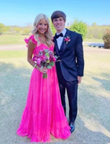Elegant Hot Pink Long V Neck Prom Dresses HZ1023