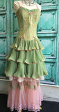 Green pink sweet spaghetti strap layered long lace tulle ball gown evening dress coming of age ceremony dress HZ1023