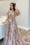 Princess A-Line Floral Corset Long Prom Dress with Balloon Sleeves HZ1023