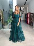 Green Tulle Short Sleeves A Line Prom Dress HZ1023