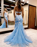 Mermaid Spaghetti Straps Lace Tulle Prom Dress with Slit HZ1023