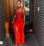 Red tulle A-line long ball gown lace evening dress HZ1023