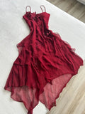 Burgundy red applique spaghetti straps elegant and charming A-line long ruffled chiffon ball gown evening dress party dress HZ1023