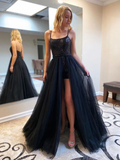 Black tulle sequin long prom dress, black tulle sequin evening dress HZ1023