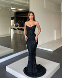 Sparkly Mermaid Strapless Dark Green Sequins Long Prom Dresses HZ1023