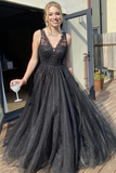 A Line V Neck Black Lace Long Prom Dresses, Black Lace Formal Dresses, Black Evening Dresses HZ1023