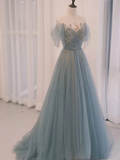 A-Line Scoop Neckline Tulle Gray Blue Long Prom Dress with Sequin HZ1023