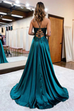 A Line V Neck Green Beaded Lace Long Prom Dress with High Slit, Open Back Green Formal Graduation Evening Dress HZ1023