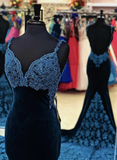 Sexy Mermaid Spaghetti Straps Navy Blue Long Prom/Evening Dress Appliques HZ1023