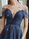 Starry Blue Prom Dress Off Shoulder Floral Event Dress Sparkling Long Party Dress Aline Event Dress Gradient Long Dress Fairy Glitter Dress HZ1023