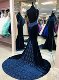 Sexy Mermaid Spaghetti Straps Navy Blue Long Prom/Evening Dress Appliques HZ1023