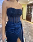 Mermaid Navy Strapless Prom Dresses Beaded Evening Dress HZ1023