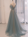 A-Line Scoop Neckline Tulle Gray Blue Long Prom Dress with Sequin HZ1023