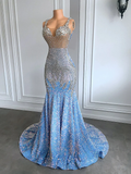 Light blue luxury gorgeous sparkling exquisite beading long floor-length ball gown mermaid slim silver crystal evening dress HZ1023