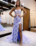 Mermaid Spaghetti Straps Lace Tulle Prom Dress with Slit HZ1023
