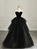 Black elegant off-shoulder tulle dress velvet sweetheart neckline tube top long evening dress ball gown HZ1023