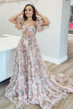 Princess A-Line Floral Corset Long Prom Dress with Balloon Sleeves HZ1023