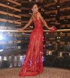 Red tulle A-line long ball gown lace evening dress HZ1023