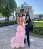 Pink suspenders fashion sweet A-line backless long chiffon tiered ball gown evening dress party dress HZ1023