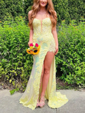 Mermaid V-neck Sequined Sweep Train Prom Dresses With Split HZ1023