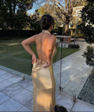 Champagne Gold Halter Backless Mermaid Long Party Dress HZ1023