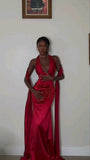 Red sexy elegant mermaid V neck long satin prom dress evening gown party dress HZ1023