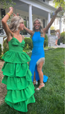 Green Spaghetti Straps Layered Long Prom Dress HZ1023
