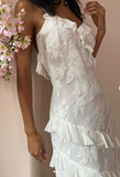 White simple elegant spaghetti strap lace long ball gown multi-layered evening dress HZ1023