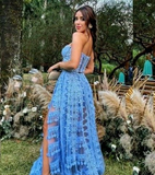 Blue Appliques Strapless Prom Dresses With Slit HZ1023