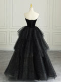 Black elegant off-shoulder tulle dress velvet sweetheart neckline tube top long evening dress ball gown HZ1023