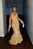 Red Shiny Pretty V Neck Long Bodycon Sexy Sequined Prom Dress Formal Evening Gown Party Dress HZ1023