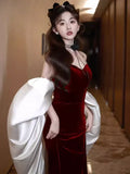 Burgundy Fashion Elegant Mermaid Off-shoulder Long Slim Velvet prom dress Evening Dress Party Dress HZ1023