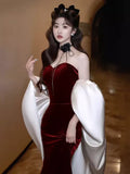 Burgundy Fashion Elegant Mermaid Off-shoulder Long Slim Velvet prom dress Evening Dress Party Dress HZ1023