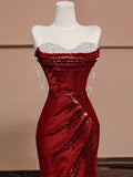 Burgundy gorgeous shiny sexy mermaid sequins long elegant floor-length ball gown evening dress HZ1023