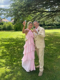 Pink Halter Fashion Halter Ruffled Tiered Ruffle Long Chiffon Tulle Ball Gown Evening Gown Party Dress HZ1023