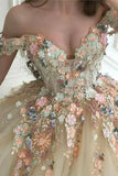Champagne color gorgeous off shoulder exquisite lace floral applique long elegant ball gown formal evening dress prom dress HZ1023