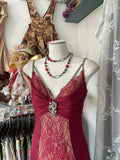 Red retro sexy mermaid spaghetti straps exquisite lace long prom dress evening dress party dress HZ1023