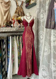 Red retro sexy mermaid spaghetti straps exquisite lace long prom dress evening dress party dress HZ1023