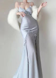 Silver Blue Vintage Fashion Elegant Exquisite Beading Mermaid Spaghetti Strap Satin Long Prom Gown Party Dress HZ1023