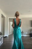Blue Elegant V Neck Long Satin Ball Gown Evening Dress Wedding Guest Party Dress HZ1023
