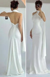 White solid color elegant fashion ribbon simple backless long mermaid floor length ball gown evening dress party dress HZ1023