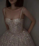 Champagne gorgeous shiny elegant fashion spaghetti strap long sequined prom dress, evening dress, party dress HZ1023