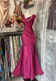 Pink Vintage Fashion Long Pleated Mermaid Slim Floor Length Satin Evening Gown Ball Gown HZ1023
