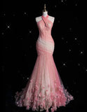 Pink Retro Gorgeous Fashion Floral Strap Long Tulle Floor Length Mermaid Slim Fishtail Skirt Ball Gown Evening Gown Prom Dress HZ1023