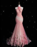 Pink Gorgeous Retro Fashion Elegant Floral Mermaid Suspender Long Mermaid Tulle Floor Length Evening Dress Prom Dress HZ1023