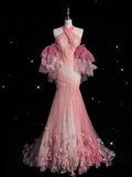 Pink Retro Gorgeous Fashion Floral Strap Long Tulle Floor Length Mermaid Slim Fishtail Skirt Ball Gown Evening Gown Prom Dress HZ1023